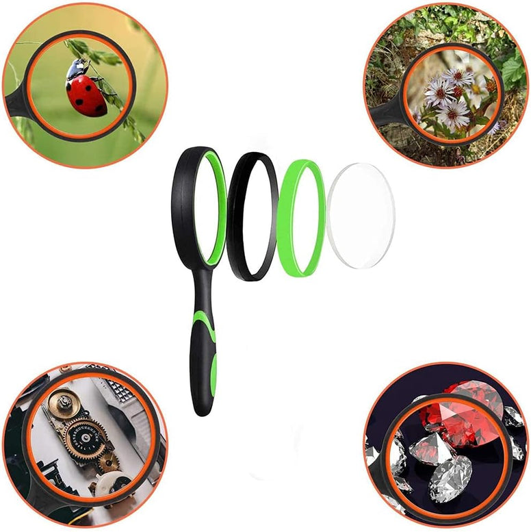 Handheld Magnifying Glass, ELECDON 10X Magnifying Glass 2 Pack 75mm, Shatterproof Reading Magnifier for Seniors and Kids with Non Slip Rubber Handle for Reading Hobbies Science (Orange and Green)