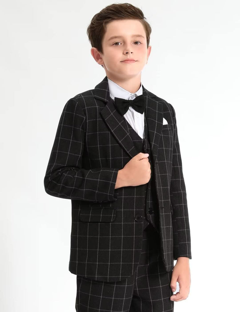 Boys' 2-Piece Suits Set Thick Jacket Pants Bow Tie Kids Plaid Formal Outfits (5-6 Years)