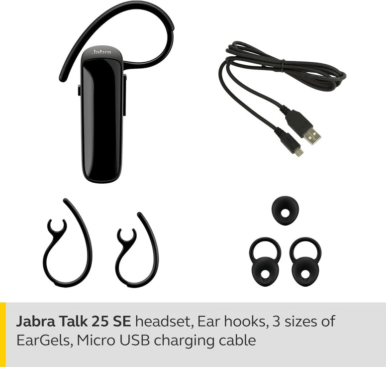 Jabra Talk 25 SE Mono Bluetooth Headset - Wireless Single Ear Headset with Built-In Microphone, Media Streaming and up to 9 hours Talk Time - Black