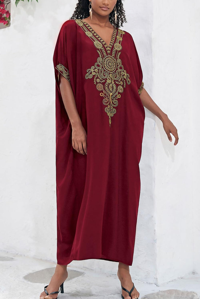 YouKD Embroidered Kaftan Dress Boho Beach Bikini Cover Up Robe Plus Size Loungewear for Women