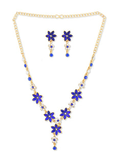 ZAVERI PEARLS Royal Blue Leaf Stone with Austrian Diamond Floral Necklace Set For Women (Blue) (ZPFK5185)