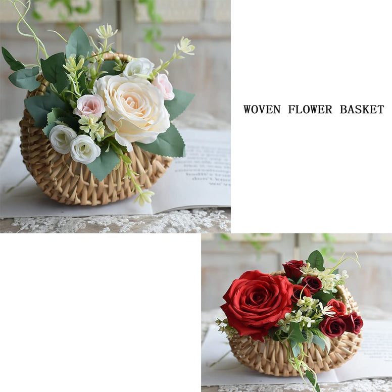 2 Pcs Small Basket with Handle Rattan, Half Moon Wicker Basket Willow Straw Basket Small Woven Basket with Handle Wedding Flower Girl Baskets Sturdy Picnic Basket for Garden Storage Home Decor