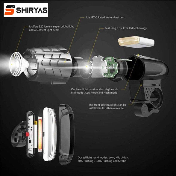 Shiryas Super Bright Bike Light Set USB Rechargeable Front Headlight & Back LED Rear Bicycle Light for Cycle Safety Flashlight (USBs Included)