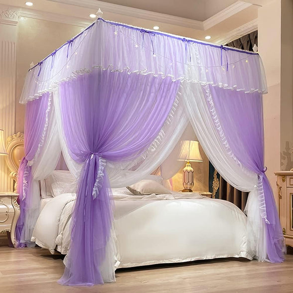 Mengersi Canopy Bed Curtains with Lights,4 Corner Bed Canopy Royal Luxurious Bed Drapes Netting,Princess Bed Curtains for Girls Adults Bedroom Decoration (Purple, Queen)