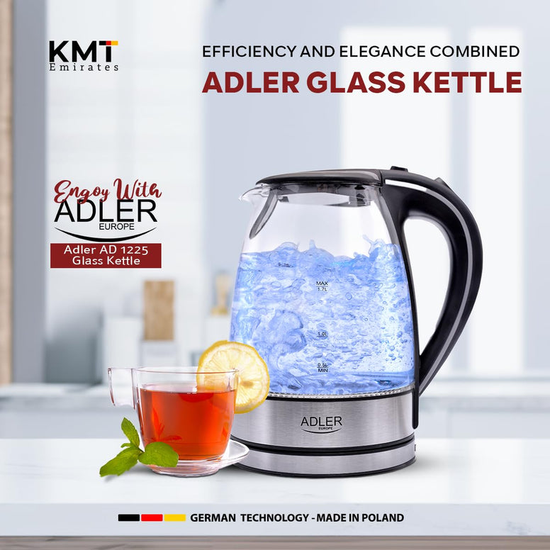 Adlereurope Germany technology ADLER Glass Kettle 2200W 1.7 L BPA Free Blue LED Indicator - safety empty shut off - nano technology fillter 1 year warranty