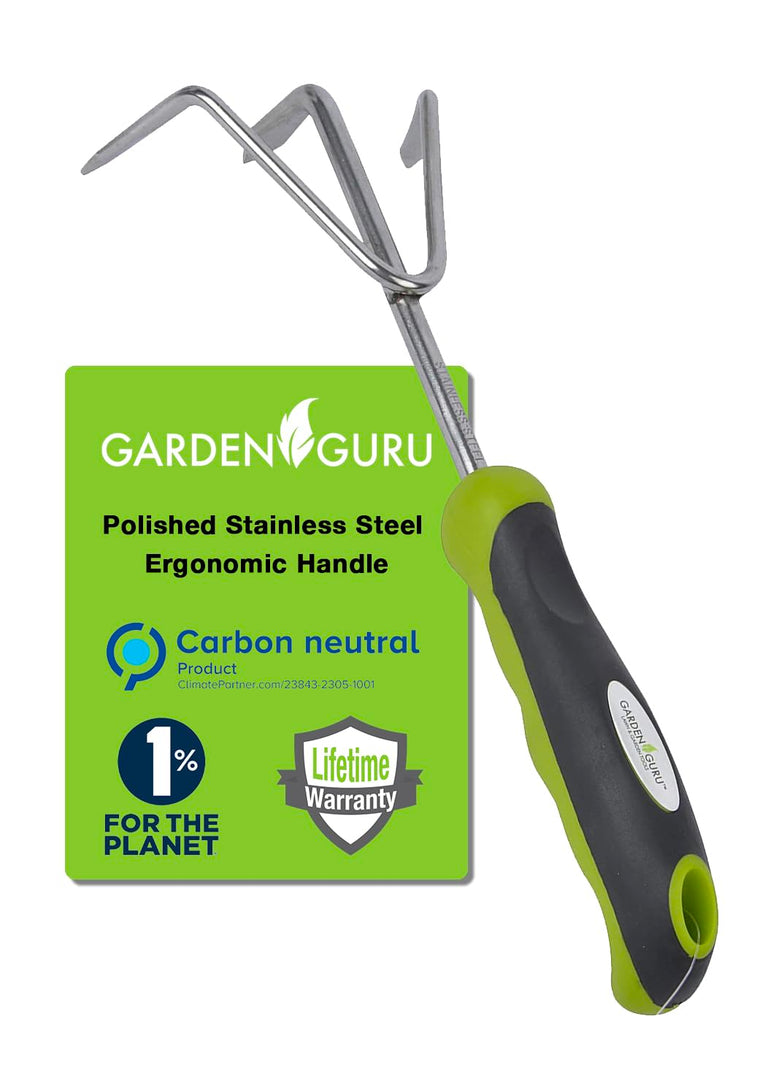 Garden Guru Hand Cultivator Rake Tiller Tool - Stainless Steel for Ultimate Strength - Rust Resistant - Ergonomic Handle - Great for Gardening Cultivating Loosening Weeding