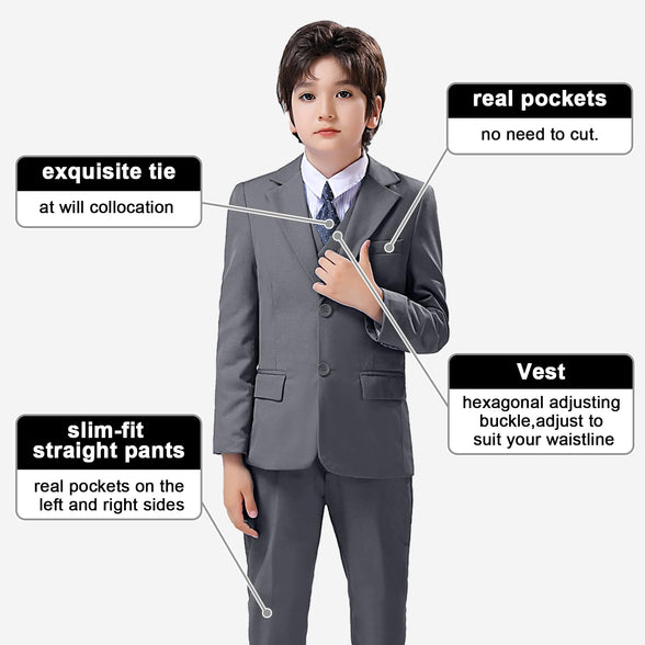 Boys Suit Slim Fit 5 Piece for Kids Toddler Suit Wedding Outfit for Teenage Boys Formal Tuxedo Set Size 7