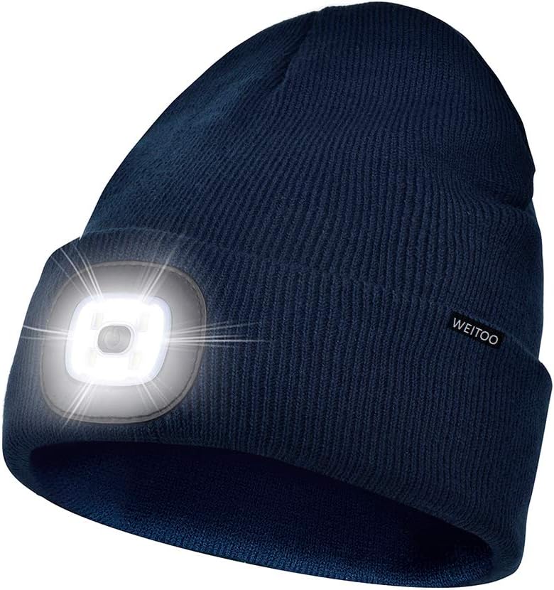 Unisex 4 LED Lighted Beanie Cap, USB Rechargeable Running Hat Super Bright Hands Free Headlight Torch Hat, Headlamp Hat for Running Hiking，Gifts for Dad Men Women Navy