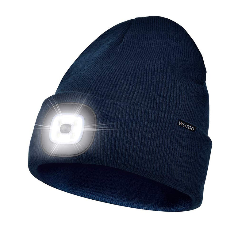 Unisex 4 LED Lighted Beanie Cap, USB Rechargeable Running Hat Super Bright Hands Free Headlight Torch Hat, Headlamp Hat for Running Hiking，Gifts for Dad Men Women Navy