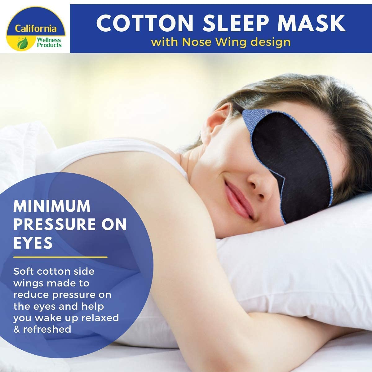 100% Cotton Sleep Eye Mask, Light Blocking Sleep Mask, Comfortable & Soft, Night Eye Blinder Mask for Travelling | 100% Blackout Mask w Nose Wire & Adjustable Elastic Band | Perfect Fit - Blue