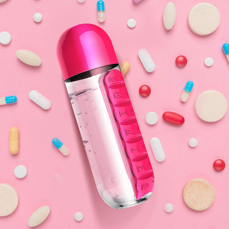Asobu Combine Daily Pill Box Organizer with Water Bottle, 20 oz, (Pink)