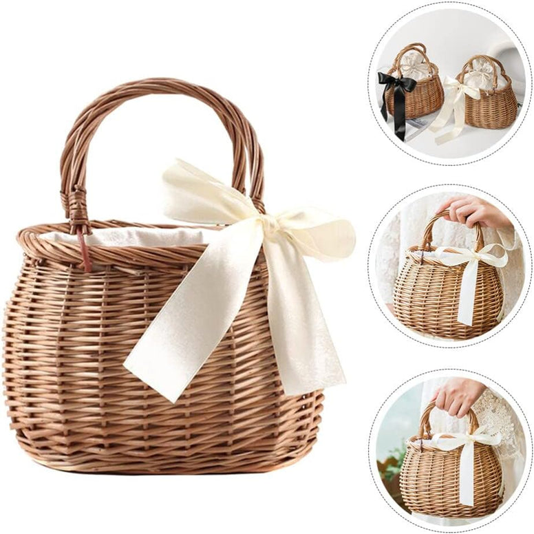 NOLITOY Picnic Basket Rattan Flower Basket, Handwoven Wicker Flower Candy Storage Basket with Handle for Picnic Wedding Home Garden Decoration Rattan Storage Basket