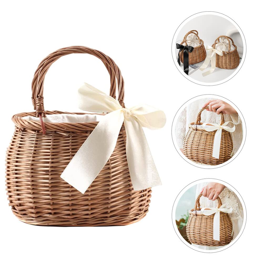 NOLITOY Picnic Basket Rattan Flower Basket, Handwoven Wicker Flower Candy Storage Basket with Handle for Picnic Wedding Home Garden Decoration Rattan Storage Basket