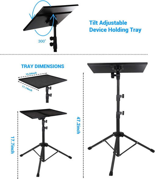 ELTERAZONE Projector Stand, Laptop Tripod Stand for 29" to 69", Projector Tripod with Mouse Tray & Wheels, Adjustable Height DJ Racks Stand with Phone Holder, Perfect for Office, Home, Stage,Studio