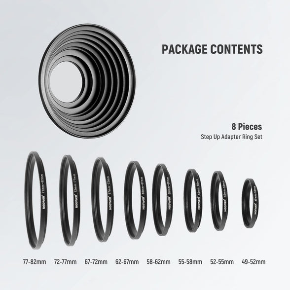 Neewer 8 Pieces Step-up Adapter Ring Set Made of Premium Anodized Aluminum, includes: 49-52mm, 52-55mm, 55-58mm, 58-62mm, 62-67mm, 67-72mm, 72-77mm, 77-82mm-Black