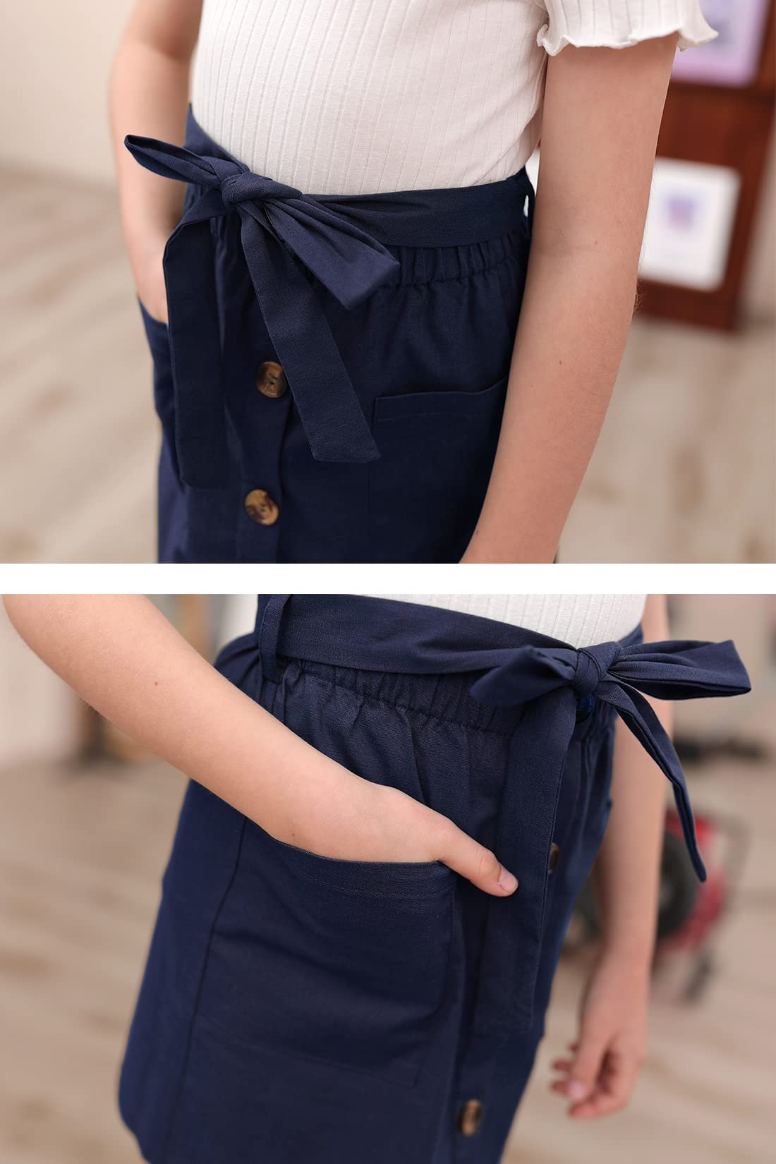 GORLYA Girls Paper Bag Elastic Waist Button Trim Front Belted Skirts with Pockets 4-14T(GOR1112, 9-10Y, Navy)