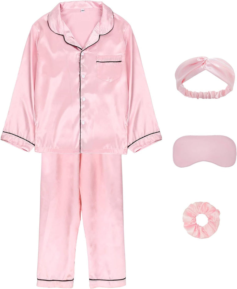 ALHAVONE Kids Girl Pajama Set with Headband Blindfold Hair Tie Toddler Boy Girl Satin Silky Button-up Pajama Sleepwear