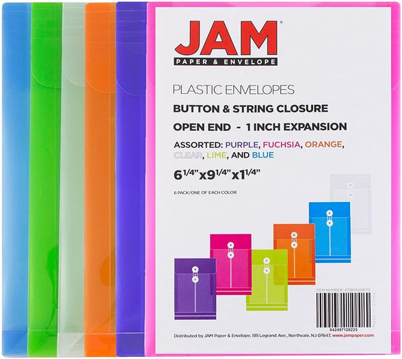JAM Paper Plastic Envelopes with Button & String Tie Closure - 6 1/4" x 9 1/4"