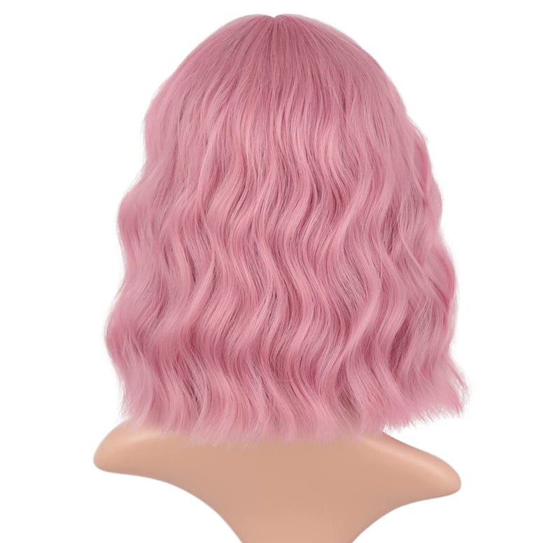 Wig Short Curly Wavy Bob Wigs for Women Blue Wig with Bang Shoulder Length Synthetic Cosplay Party Wig Colored Wigs for Women Girls (Pink)