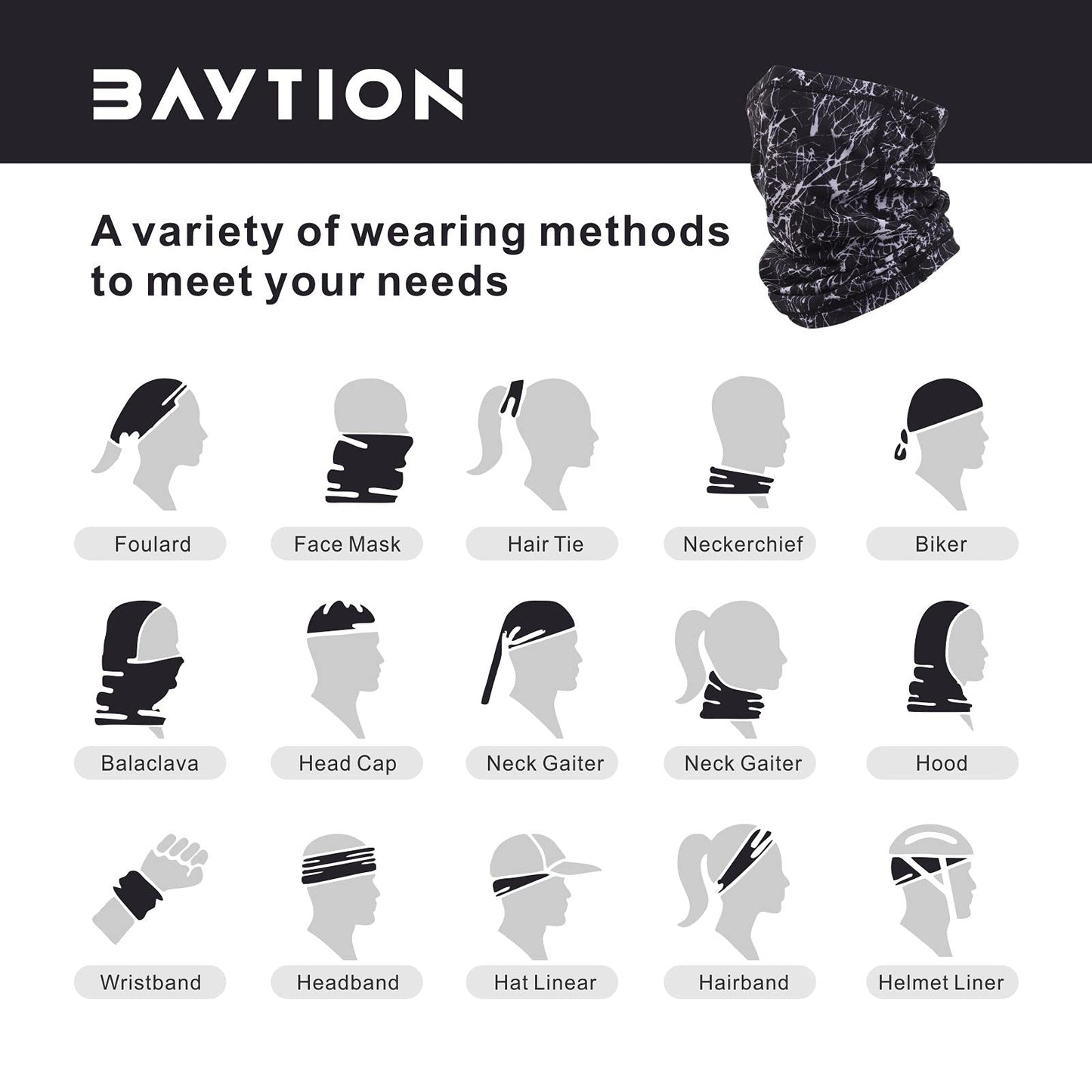 Baytion Neck Gaiter Mask for Outdoor, Baytion Balaclava Face Mask Fashion Head Wear Accessories, Lightweight Face Cover Bandana Scarf Mask for Moto, Cycling, Outdoor Sports for Men & Women, Black