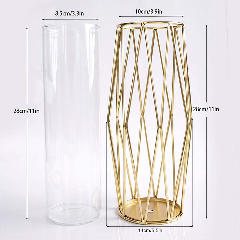 OFRANK Glass Vase with Metal Bracket, Crystal Transparent Inner Vase, Golden Plated Geometric Metal Frame, Gold Nordic Modern Decoration for Home Office Wedding Holiday Party Gifts 28cm Height