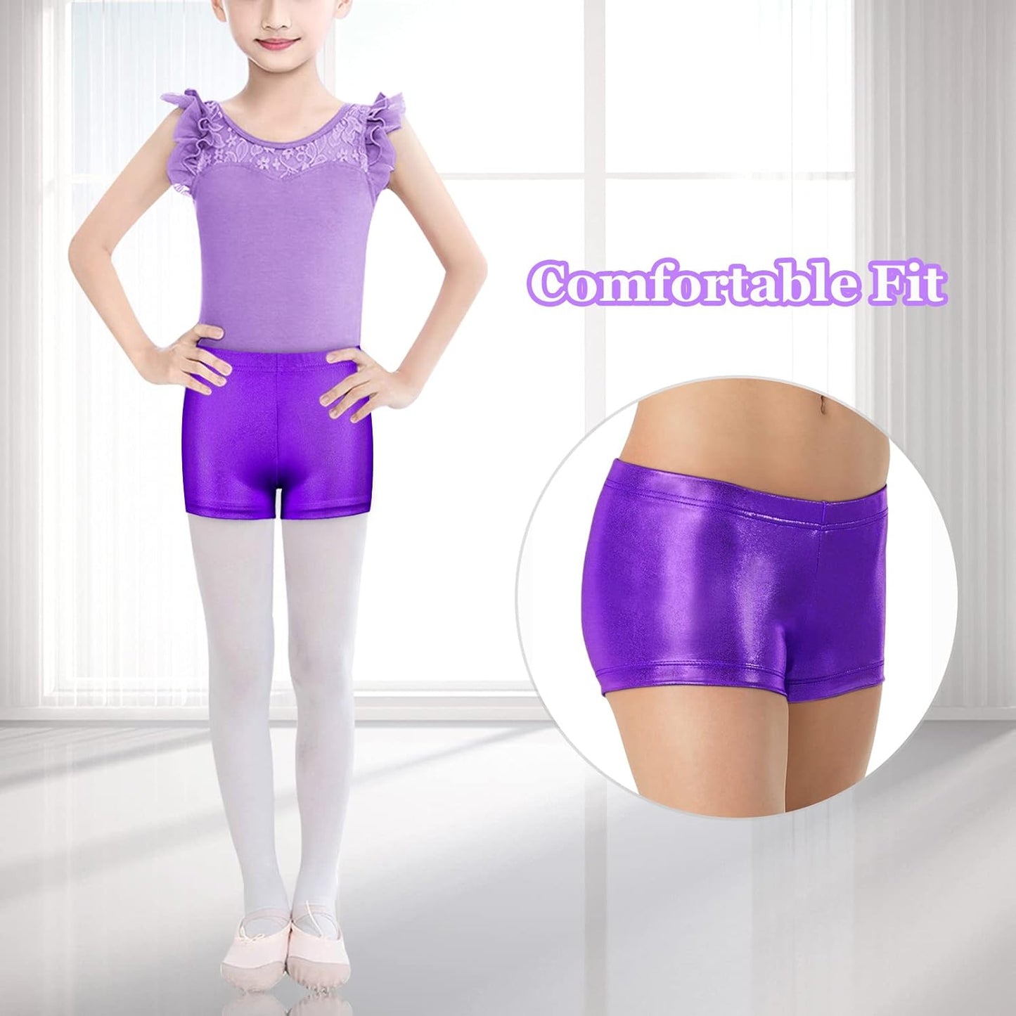 SEAUR - Girls Shorts for Dance Metallic Shiny Ballet Dance Shorts Stretch Slim Fit Athletic Gymnastics Short Performance Hot Pants for Ages 3-12