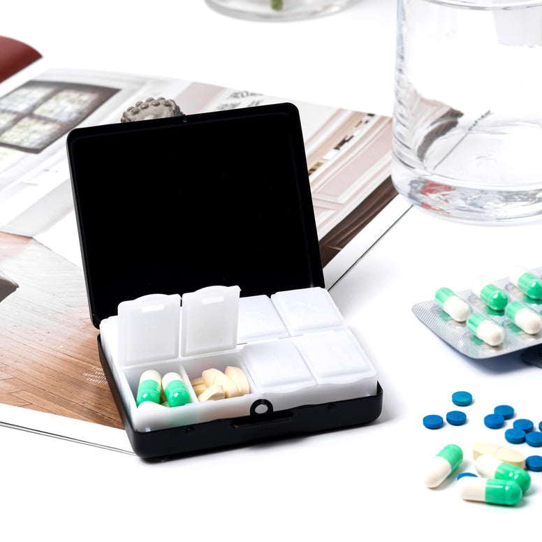 Portable Metal Travel Medicine Box 8 Compartments (Black)