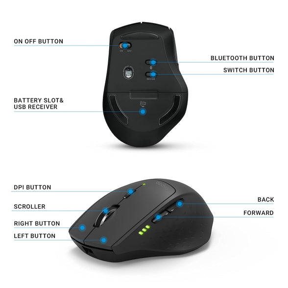 RAPOO MT550 Bluetooth Mouse, Multi-Devic Wireless Mice with 4 Adjustable DPI, Symmetrical Ergonomic Design, 12 Month Battery Life, for Laptop MacBook Apple, Black