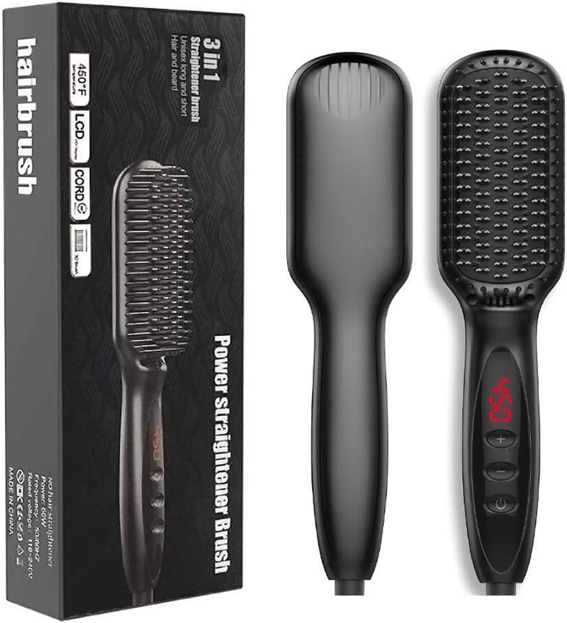 Hair Straightener Brush, Ionic Hair Straightening Brush with Fast MCH Ceramic Heating, Anti-Scald, Auto Temperature Lock and Auto-Off Function, Portable Straightening Comb for Home and Travel