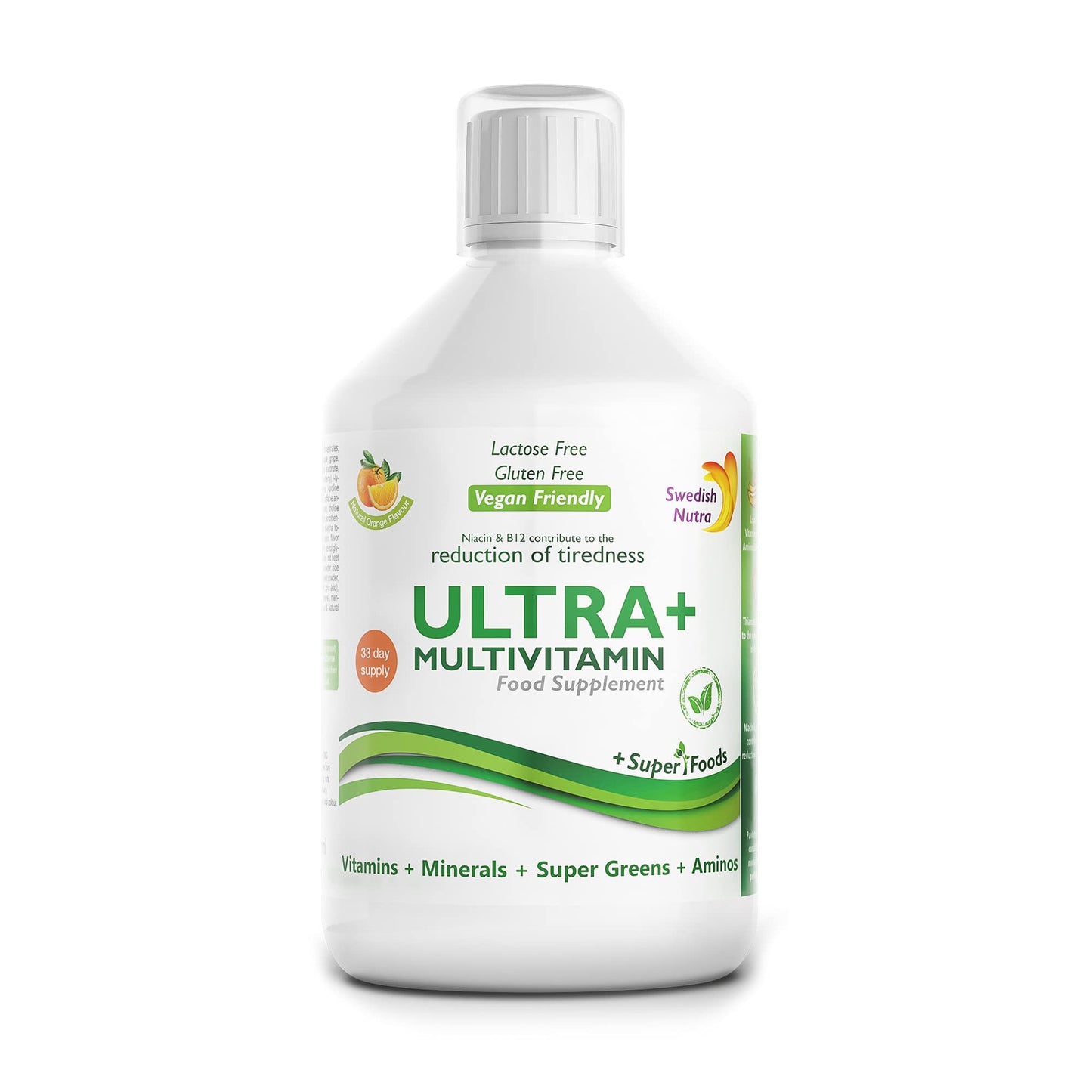 Swedish Nutra Vegan Multivitamin Liquid - Pack of 500ml, 33 Day Supply| Orange Flavour with 51 Active Ingredients| 100% Natural Flavour| High Absorption Rate| Vitamins, Minerals, Aminos & Super Greens