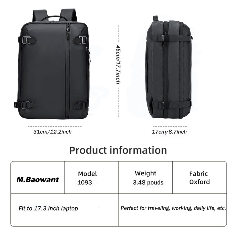 M.Baowant 38L Travel Backpack for Women Men，17.3 Inch Laptop Backpack Flight Approved Luggage Carry On Water Resistant Business Backpack for Weekender Overnight Large Daypack, Black, 18.1″×12.2″×6.7″,