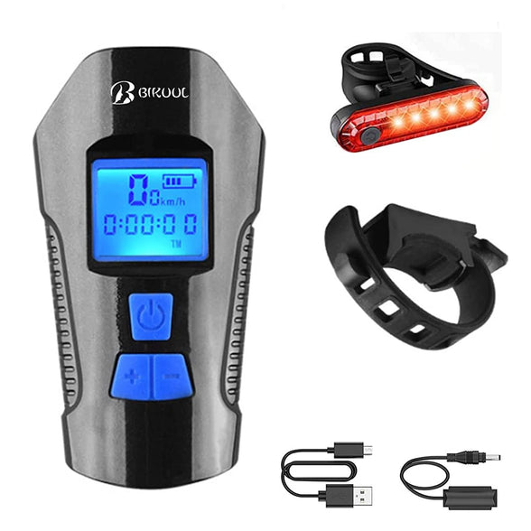 BIKUUL Bicycle Light Set with Horn and Speedometer, USB Rechargeable LED Bike Front Light & Tail Light,IPX5 Waterproof,4 Lighting Modes Super Bright,Fits All Mountain & Road Bike