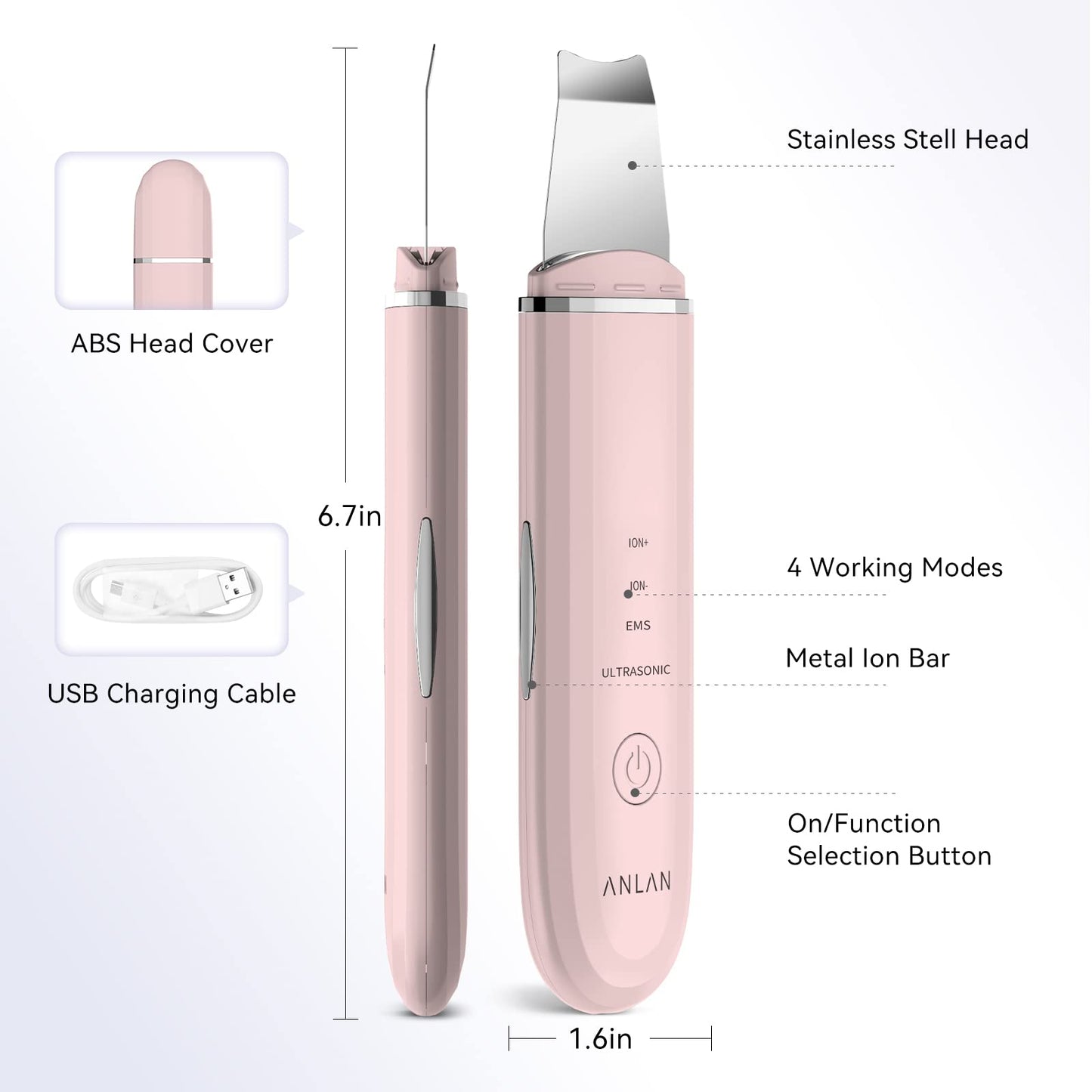 ANLAN Facial Skin Scrubber,ANLAN Electric Ultrasonic EMS Ion Face Cleanser Blackhead Remover Pores Cleaner Wrinkle Remover Comedone Extractor Skin Care Massager USB Rechargeable Beauty Tool (pink)