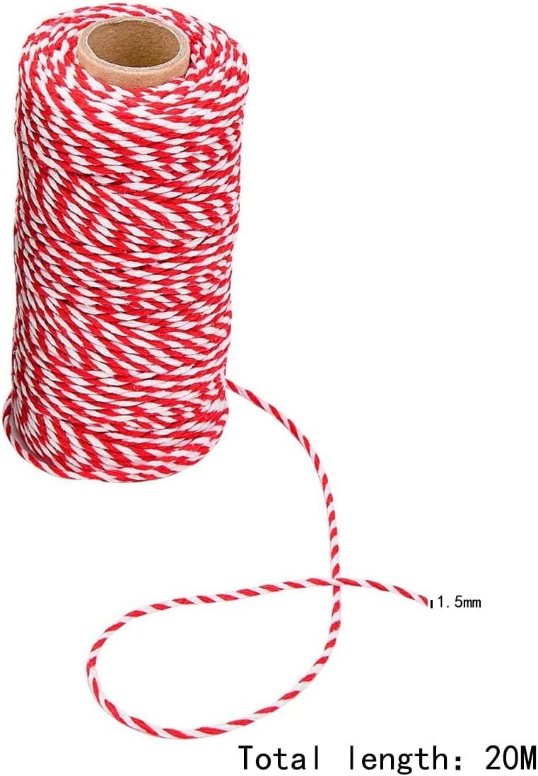 Cotton Bakers Twine, 2 Rolls Red and White Twines Packing Rope String for Butchers DIY Crafts Gift Wrapping Baking Gardening Home Decoration, 1.5mm * 20m