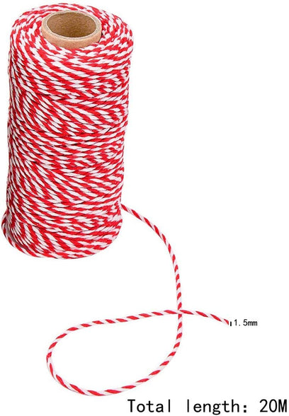 Cotton Bakers Twine, 2 Rolls Red and White Twines Packing Rope String for Butchers DIY Crafts Gift Wrapping Baking Gardening Home Decoration, 1.5mm * 20m