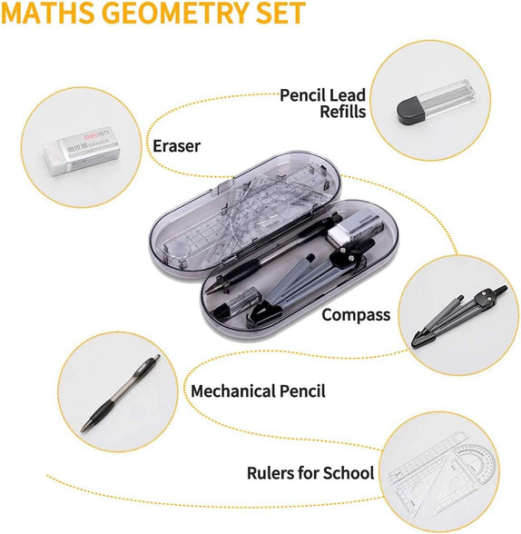 DELFINO Set Math Geometry Tool Plastic Clear Ruler Sets Protractor Triangular Ruler Drawing Compass for School Student Classroom, High Quality Material for Long Time and Durable Use