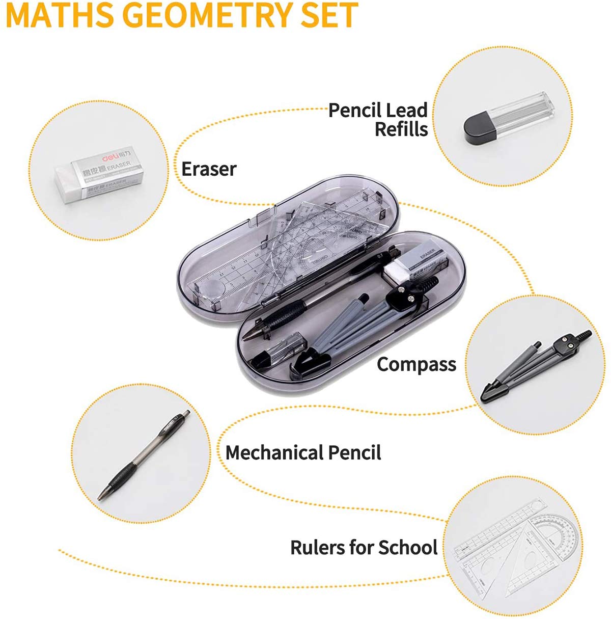 DELFINO Set Math Geometry Tool Plastic Clear Ruler Sets Protractor Triangular Ruler Drawing Compass for School Student Classroom, High Quality Material for Long Time and Durable Use