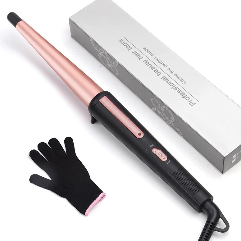 Hair Curling Wand, 0.5-1Inch Tapered Curling Iron, Professional Ceramic Hair Curler Wand with Heat-Resistant Glove, Dual Voltage (Pink)