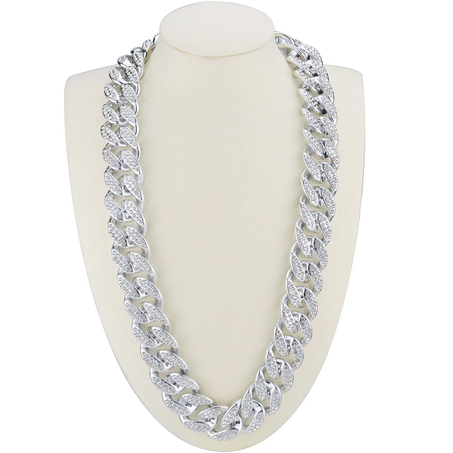 Riuziyi Plastic Shiny CZ Rhinestone Curb Cuban Link Chain Gold Silver Miami Hip Hop Chain Bling Diamond-Cut Chunky Turnover Necklace 80s 90s Costume Accessory for Men Women Unisex