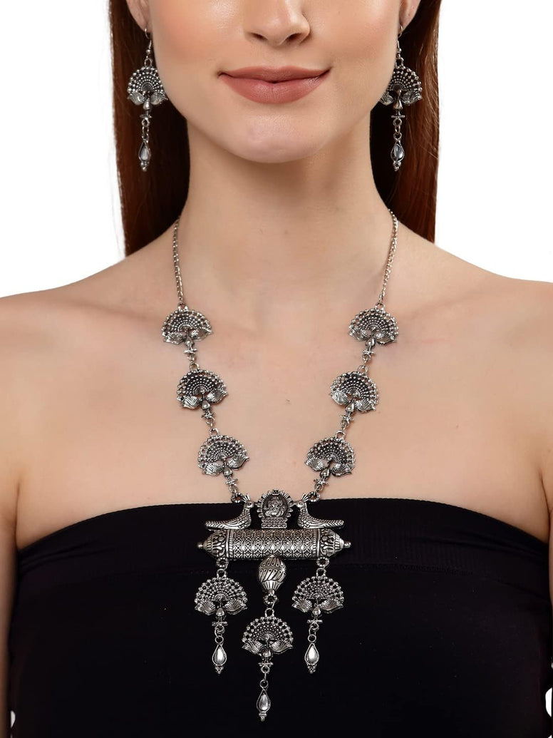 Shining Diva Fashion Latest Stylish Traditional Oxidised Silver Necklace Jewellery Set for Women (13160s)