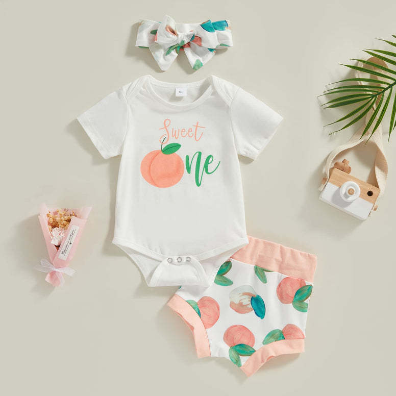 Ynibbim 0-24 Months Infant Baby Girls Summer Clothes Newborn Shorts Set Letters Print Tops & Peach Print Shorts 3Pcs Outfits (0-3 Months)