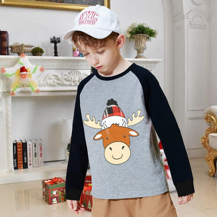 DDSOL Toddler Boys Girls Christmas T-Shirt Buffalo Red Plaid Raglan Xmas Long Sleeve Tees Kids Reindeer Tops 2-7T