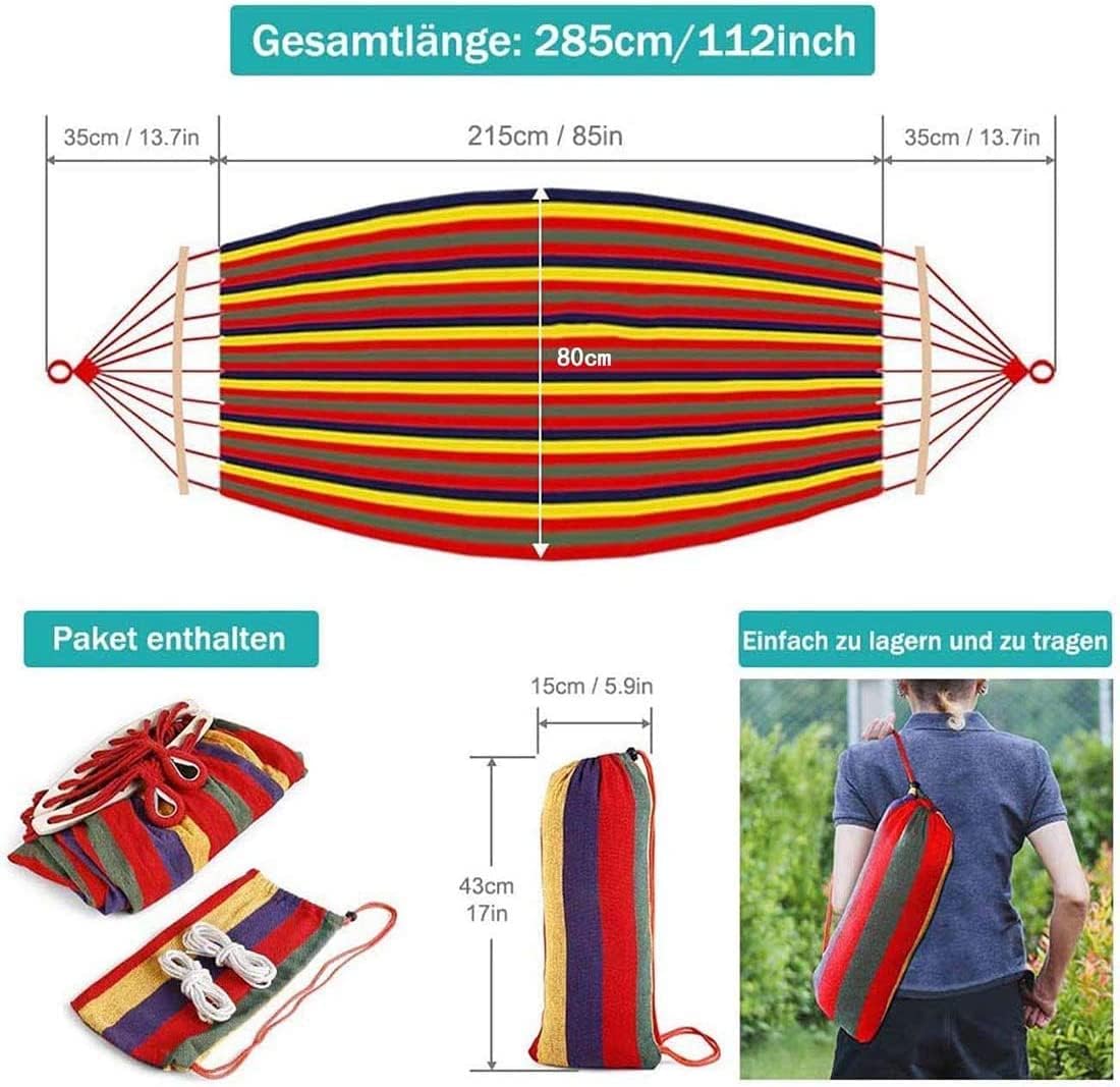 LOVEQI Outdoor Cotton Hammock with Sturdy Knot Tree Straps, 280x80CM for Garden Yard Camping Beach Patio, Load 550lb, Colorful Stripes
