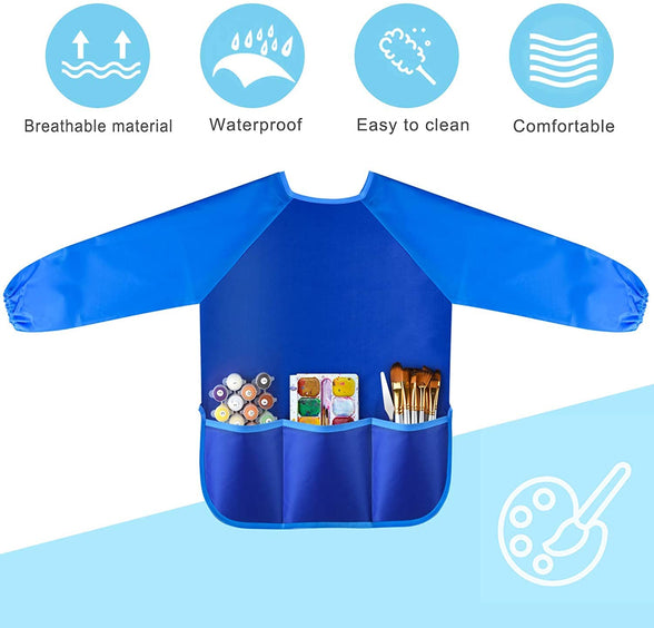 Children's Art Workwear Toddler Workwear Waterproof Artist Painting Apron Long Sleeve Top Children's Painted Apron Waterproof Artist Top Long Sleeve 3 Pockets Suitable for children aged 2-8(Blue-M)