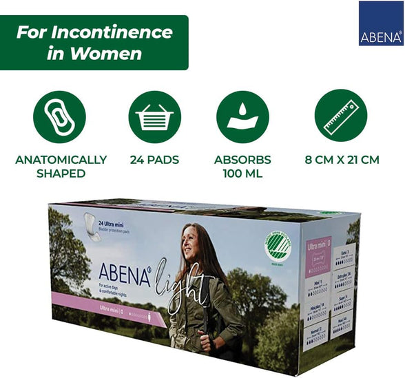 Abena Light Incontinence Pads, Eco-Friendly Women's Incontinence Pads For Adults, Breathable & Comfortable With Fast Absorption & Protection, Incontinence Pads For Women, Ultra Mini 0, 100ml, 10x 24PK