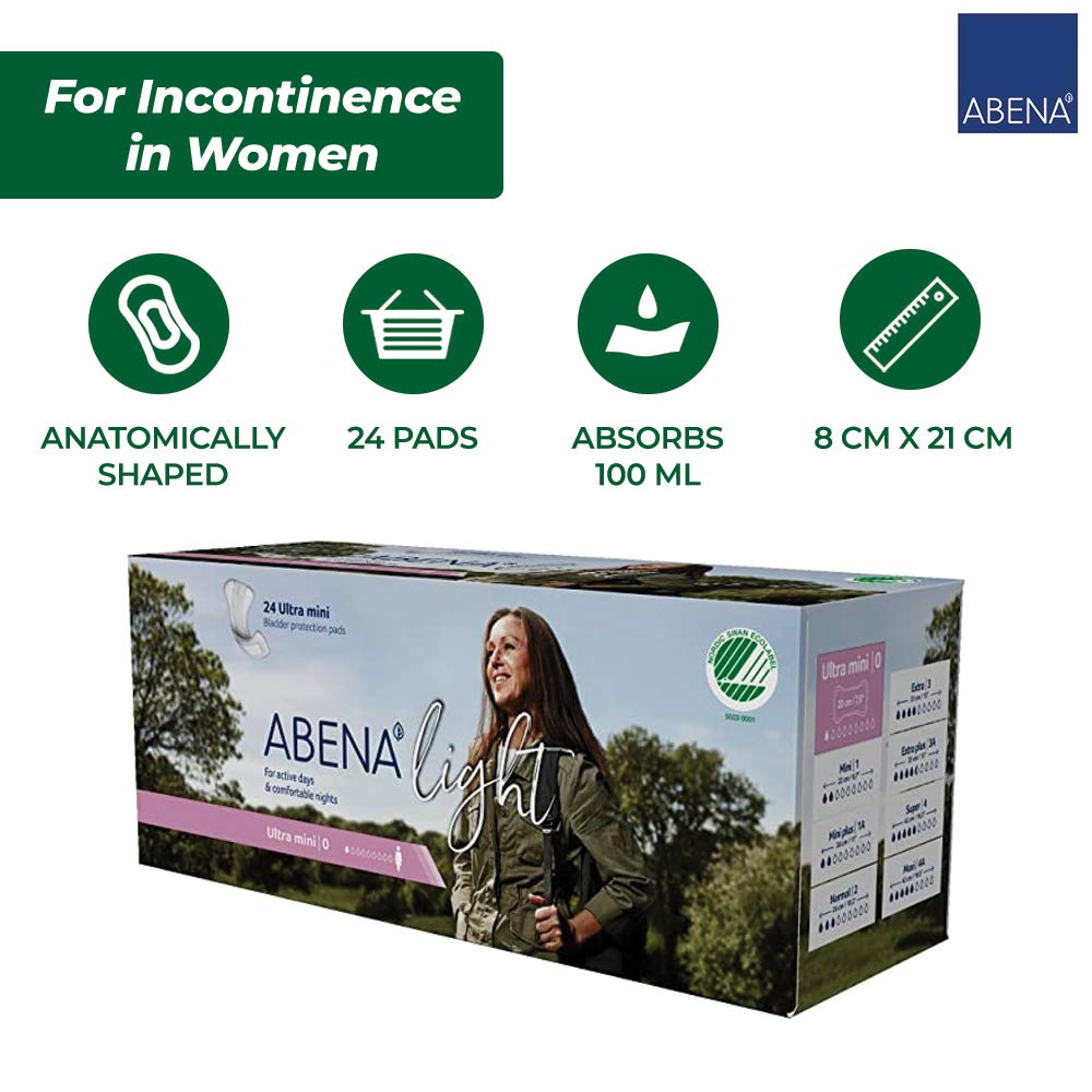 Abena Light Incontinence Pads, Eco-Friendly Women's Incontinence Pads For Adults, Breathable & Comfortable With Fast Absorption & Protection, Incontinence Pads For Women, Ultra Mini 0, 100ml, 10x 24PK