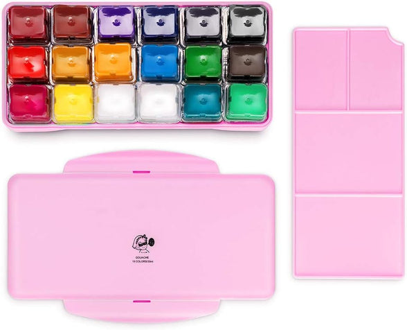 MIYA Gouache Paint Set, 18 Colors x 30ml Unique Jelly Cup Design, Portable Case with Palette for Artists, Students, Gouache Watercolor Painting (Pink)
