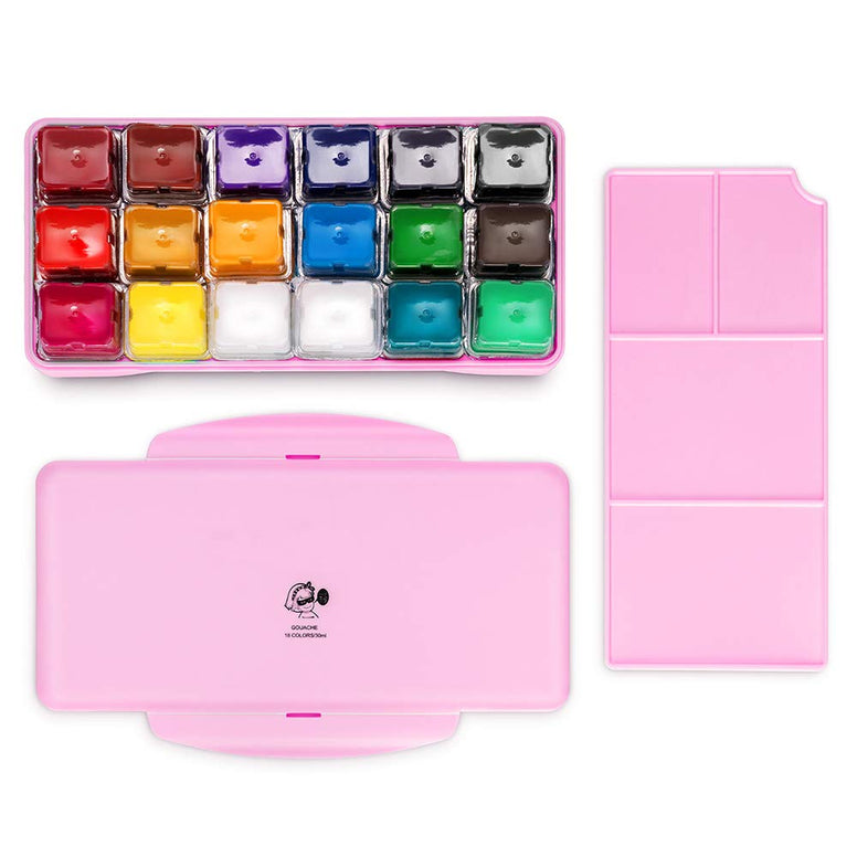 MIYA Gouache Paint Set, 18 Colors x 30ml Unique Jelly Cup Design, Portable Case with Palette for Artists, Students, Gouache Watercolor Painting (Pink)