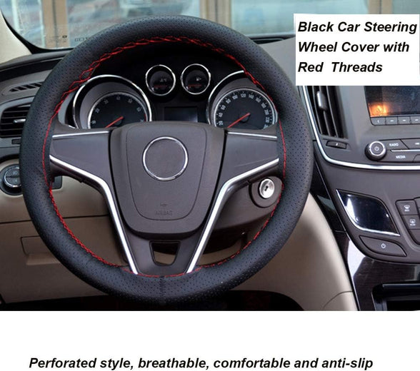 Onerbuy Universal Leather Car Steering Wheel Stitch On Wrap Cover DIY Sewing Breathable and Anti slip, 15-Inch (Black with Red)