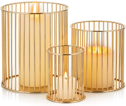 Sziqiqi Set of 3 Gold Wire Construction Candle Holder Set Minimalist Versatile for Flower Arrangement Kitchen Organizer, 3 Pcs